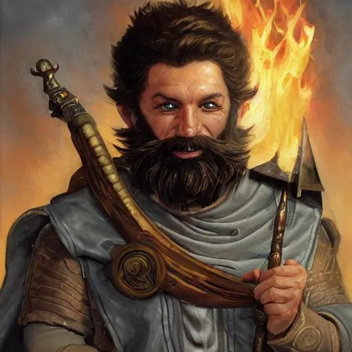 Prompt: beautiful portrait painting of a very short and small male halfing bard with brown hair with some grey hairs, full beard, ridiculous smile, from pathfinder, evil smirk, narcissist, self centered, casting fireball, painted by larry elmore, wayne reynolds, greg rutkowski, magic the gathering, dungeons and dragons, dishonored 2