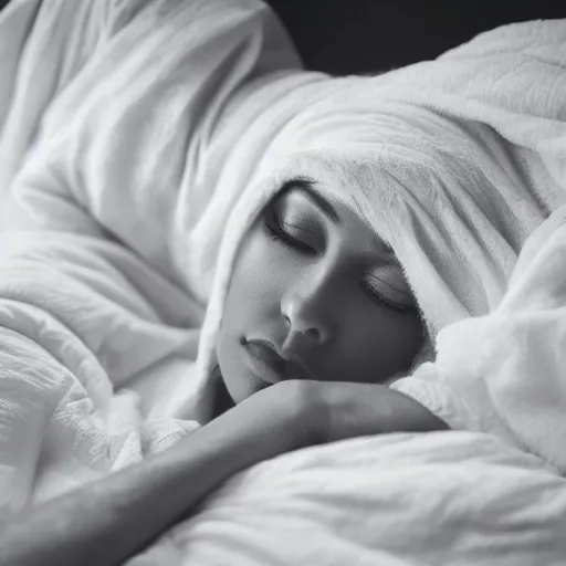 Image similar to highly detailed portrait of beautiful woman covered in white wet blanket sleeping in the clouds during sunset