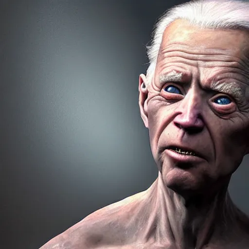 Image similar to hyperrealistic mixed media high resolution painting of Joe Biden disguised as Gollum skulking in a dark cave, stunning 3d render inspired art by Jamie Salmon and István Sándorfi and Unreal Engine and Greg Rutkowski, perfect facial symmetry, realistic flesh, dim volumetric lighting, 8k octane beautifully detailed render, full body shot, post-processing, extremely hyper-detailed, intricate, epic composition, highly detailed attributes, highly detailed atmosphere, cinematic lighting, masterpiece, trending on artstation, very very detailed, masterpiece, stunning, flawless completion, lifelike texture, perfection,