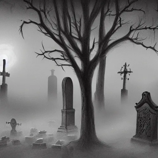 Image similar to an endless eerie graveyard with ancient ornate tombstones, misty, strands of fog, catacomb in background, frame is flanked by dark trees, creepy, night, finely detailed photorealistic black and white pencil drawing