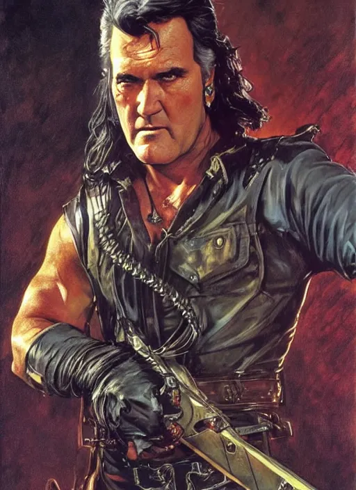 Prompt: bruce campbell as snake plisken. fantasy concept art. moody epic painting by james gurney, norman rockwell and alphonso mucha. artstationhq. painting with vivid color. ( dragon age, witcher 3, arcane, lotr )