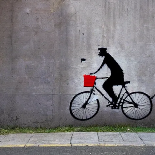 Prompt: A man riding a bicycle through the city, by Banksy