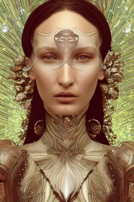 Image similar to a highly detailed portrait of a beautiful alien goddess bella hadid kleopatra in iris van herpen dress in diamonds in style of alphonse mucha art nuvo trending on artstation made in unreal engine 4