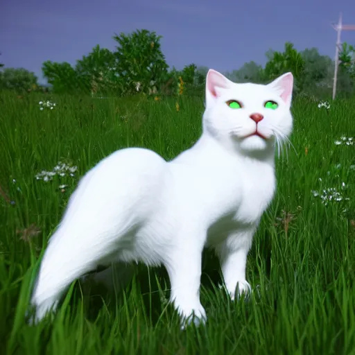 Image similar to a white cat with green eyes standing in a field, unreal engine, detailed