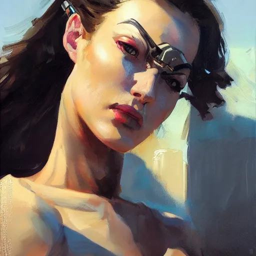 Image similar to Greg Manchess portrait painting of a woman cyborg, medium shot, asymmetrical, profile picture, Organic Painting, sunny day, Matte Painting, bold shapes, hard edges, street art, trending on artstation, by Huang Guangjian and Gil Elvgren and Sachin Teng