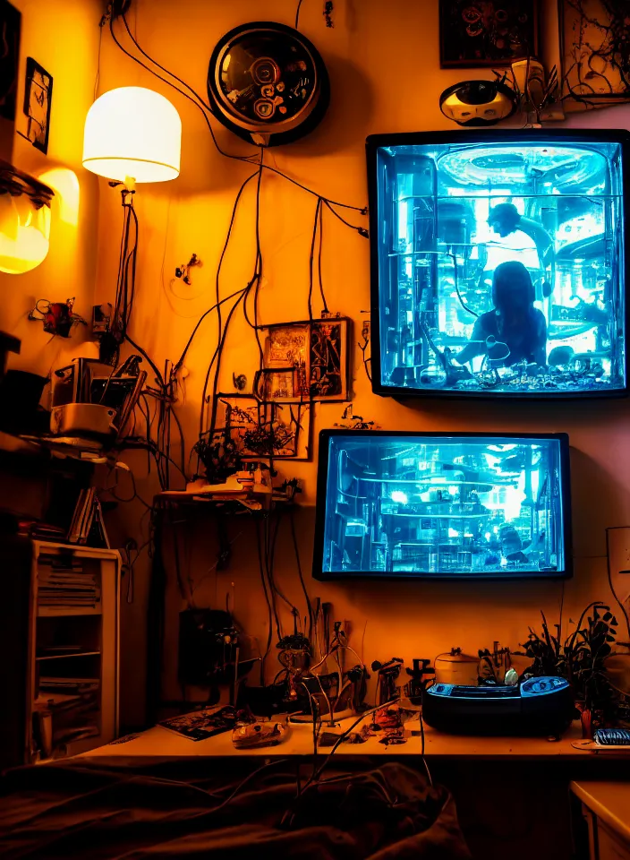 Image similar to telephoto 7 0 mm f / 2. 8 iso 2 0 0 photograph depicting the feeling of chrysalism in a cosy cluttered french sci - fi ( ( art nouveau ) ) cyberpunk apartment in a dreamstate art cinema style. ( ( computer screens, sink ( ( ( fish tank ) ) ) ) ), ambient light.