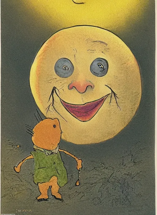 Image similar to candid portrait of a yellow happy moon with a face, illustrated by peggy fortnum and beatrix potter and sir john tenniel