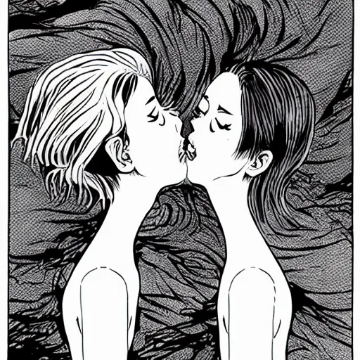 Image similar to two monstrous women kissing each other with long spiraling lips, eldritch abomination, horror manga illustration by junji ito, key visual, monochromatic