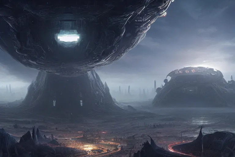 Prompt: alien city with weirdly a weirdly ornated landscape and [ a giant bioluminescent alien ship in the middle of the sky ]!! trending on artstation award winning by greg rutkowski cgsociety contest winner intricate 4 k detailed wide - angle 8 k quality