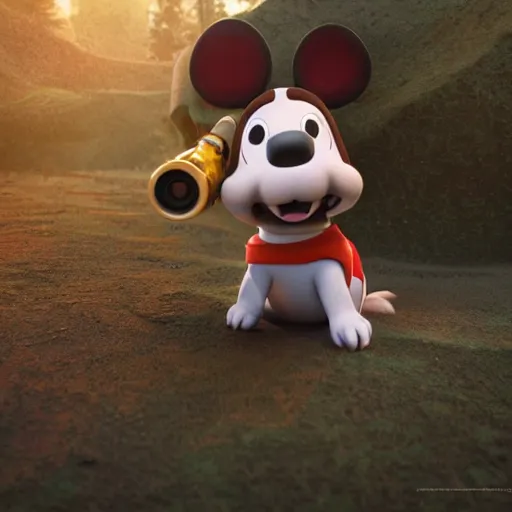 Prompt: dog character 1 1, small puppy, rich dog, high quality image, smart dog, dog with gun, 3 d render, dog in mountain, soft, concept art, intricate details, highly detailed, colorful, photorealistic, disney pixar, octane render, iridescent, anime, 8 k