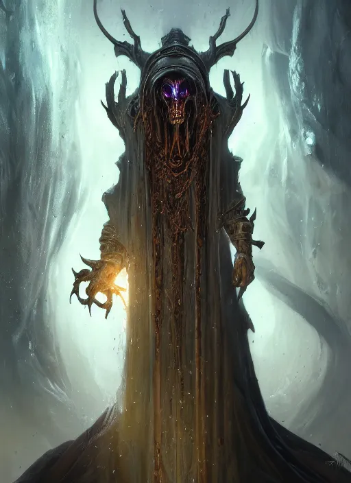 Image similar to slender mean looking high priest with dark biomechanical robes, subsurface scattering, by jesper ejsing, justin gerard, tomasz alen kopera, cgsociety and fenghua zhong, highly detailed, rim light, cinematic lighting, illustration, art, octane render, very coherent, cinematic, hyper realism, high detail, octane render, 8 k