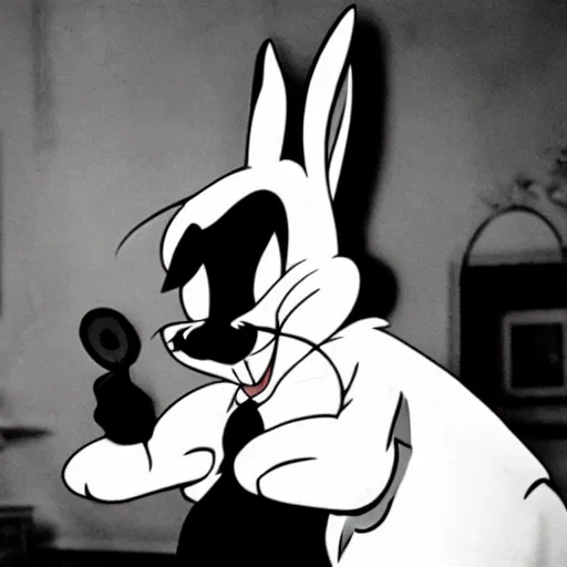 Prompt: bugs bunny in 1 9 3 0 s film noir movie, black and white, film stock