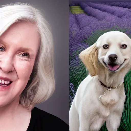 Prompt: 6 0 year old mildly overweight american blonde woman, welcoming grin, wearing black, both arms completely filled with lavender hydrangeas, small white dog at her side, portrait, headshot, in the style of alexis franklin, thomas river, ross tran, wlop, artgerm, detailed, high quality