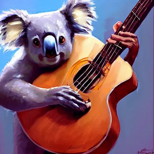 Image similar to portrait Koala playing a guitar, fine details. realistic shaded lighting by Ilya Kuvshinov Giuseppe Dangelico Pino and Michael Garmash and Rob Rey, IAMAG premiere, aaaa achievement collection, eyes open in wonder