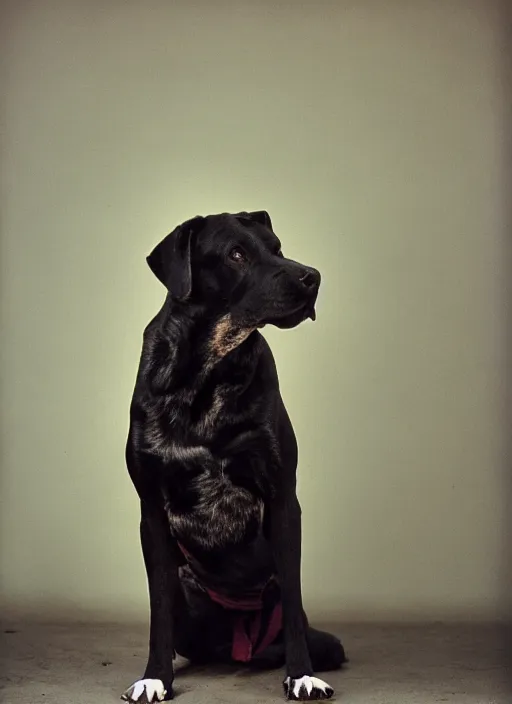 Image similar to a lumpy black dog, white hairs, short, fat, mutt, pitt, lab, photorealistic leica s photograph, kodachrome, psychedelic, platon