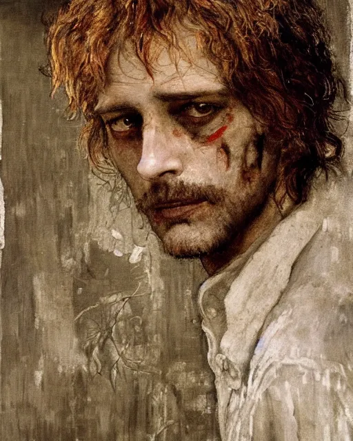 Prompt: a handsome but creepy man in layers of fear, with haunted eyes and wild hair, 1 9 7 0 s, seventies, wallpaper, a little blood, moonlight showing injuries, delicate embellishments, painterly, offset printing technique, by, jules bastien - lepage
