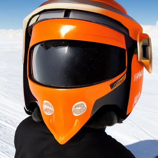 Image similar to skier wearing poe x - wing pilot helmet and a camel poncho, highly detailed, high definition, ultra realistic