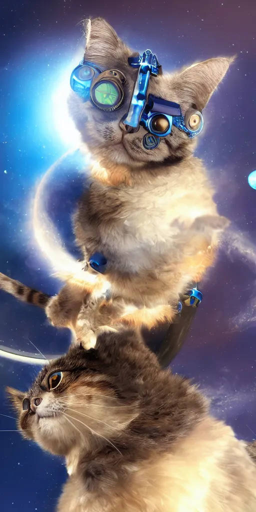 Image similar to A cat with beautiful blue eyes flying in a steampunk space suit over the Saturn planet, digital illustration, concept art, 8k, trending on artstation, highly detailed