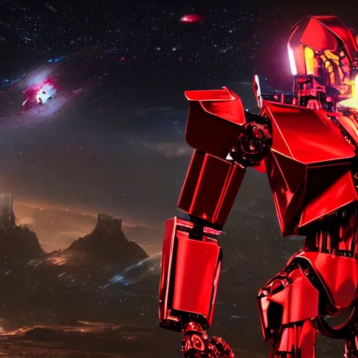 Image similar to a shiny ornate boxing red humanoid mecha in galaxy, epic pose, bright, by war robots, real steel ( 2 0 1 1 ), westworld and eve venture and pacific rim and machine warrior 5, cryengine, frostbite 3 engine, sharp focus, 8 k, high definition, insanely detailed, beautiful lighting,