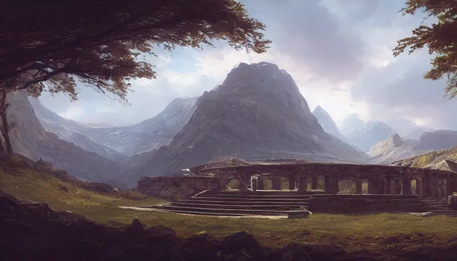 Prompt: a beautiful establishing shot of seidhe llygad amphitheater, by greg rutkowski and kalin popov, trending on artstation, masterpiece,