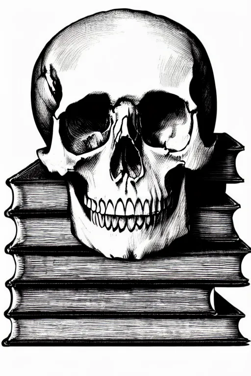 Prompt: one photo realistic skull on a stack of ancient books, art by albrecht durer and piranesi, black ink sketch, black and white, vector, vector art