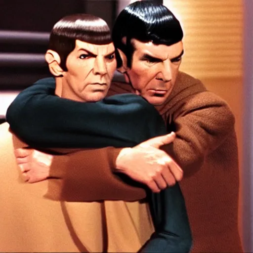 Image similar to Spock gives Kirk a hug