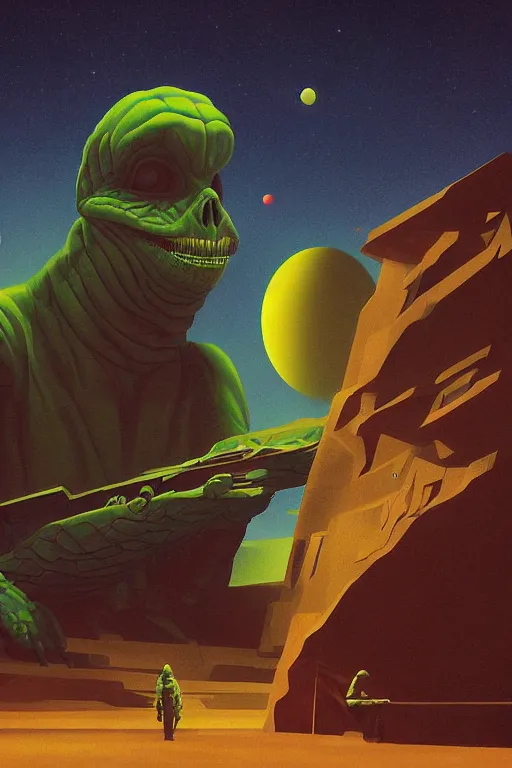 Prompt: reptilian star war with kosmonout using laser weapon Edward Hopper and James Gilleard, Zdzislaw Beksisnski, higly detailed