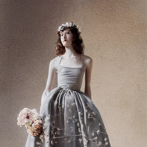 Prompt: Young lady full length shot wearing valentino resort simple sleeveless dress pale grey and white flowers in the style of baroque realism standing inside lourve, 8K, background renaissance paintings with gold