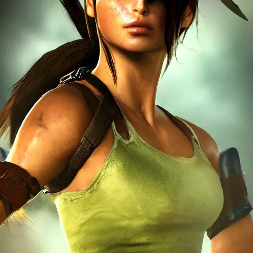 Image similar to dew, dew covers lara croft's face, focus on her face, sunlight