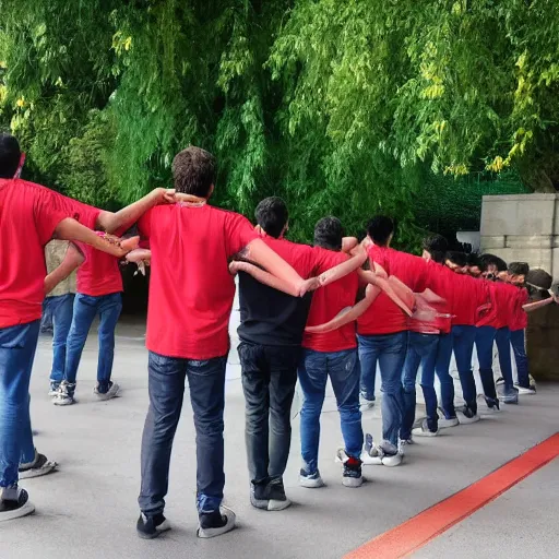 Prompt: beautiful boys, human chain join from the back and front