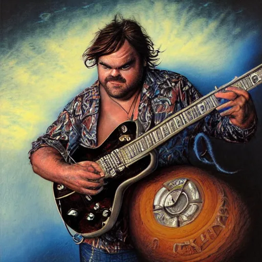 Prompt: portrait of jack black with an epic guitar, by greg staples and jeff easley, alluring, sexy, hyperrealistic, intricate, summer day, sunlight, soft lighting, detailed, beautiful,