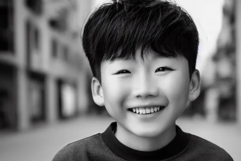 Image similar to still photo of a korean boy smiling at the camera on the street, black and white color aesthetic, highly detailed, photorealistic portrait, bright studio setting, studio lighting, crisp quality and light reflections, unreal engine 5 quality render