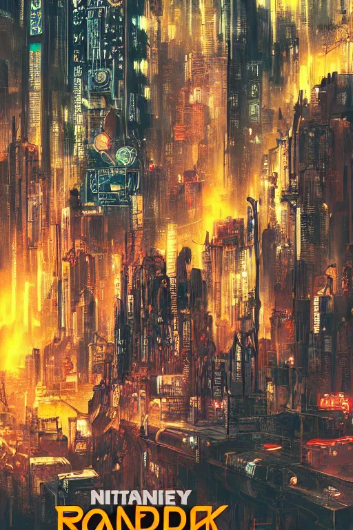 Prompt: movie poster for randypunk, intricate cyberpunk city, orange overlooking city, street gang, dramatic lighting, epic composition, bladerunner, tatsuki fujimoto