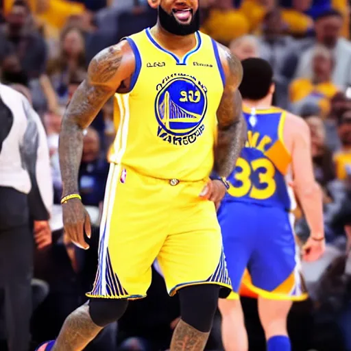 Prompt: professional close!!! up shot photograph of lebron james wearing a golden state warriors jersey in an nba game, wearing nba jersey, standing, clear image, as seen on getty images, smooth, uncompressed,