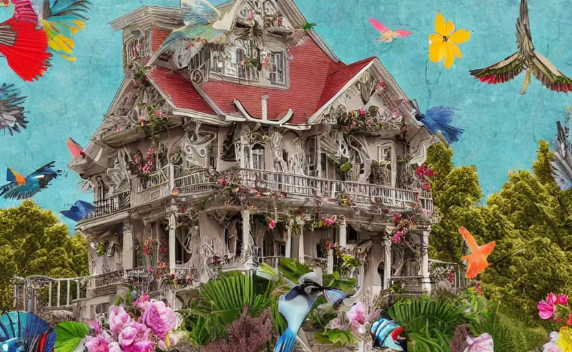 Prompt: hyperdetailed house, seen from the distance. maximalist paper birds flying. with unexpected interesting elaborate fabric elements. 8 x 1 6 k hd mixed media 3 d collage in the style of a childrenbook illustration in soft natural tones. matte background no frame hd