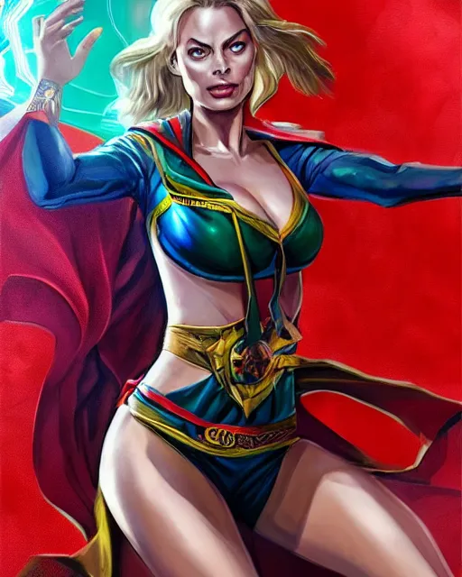 Prompt: margot robbie portrait wearing a bikini in the style of doctor strange, beautiful eyes, realistic face, fantasy art, in the style of artgerm, illustration, epic, fantasy, intricate, hyper detailed, artstation, concept art, smooth, sharp focus, ray tracing, vibrant, artgerm, award winning art