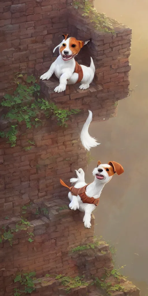 Prompt: adorable jack russel terrier floating over a brick wall, fantasy art, artstation character design contest winner, trending on cgsociety, concept art, speedpaint, beautiful digital art, jesper ejsing, james jean, justin gerard, fenghua zhong, makoto shinkai, highly detailed