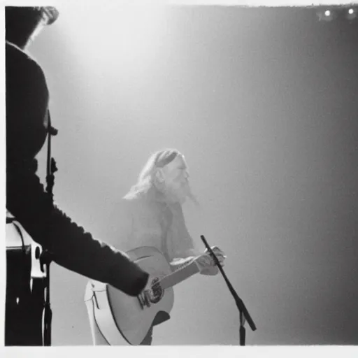 Image similar to willie nelson on stage, holding guitar. four fingers. god rays through fog.