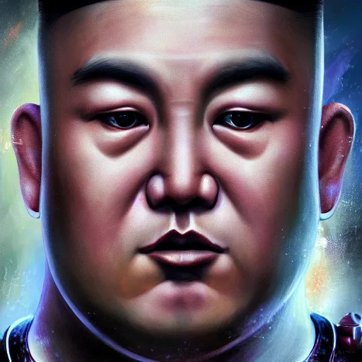 Image similar to portrait of kim - jong un as buddha, league of legends amazing splashscreen artwork, gears of war, splash art, natural light, elegant, photorealistic facial features, intricate, fantasy, detailed face, atmospheric lighting, anamorphic lens flare, cinematic lighting, league of legends splash art, hd wallpaper, ultra high details by greg rutkowski