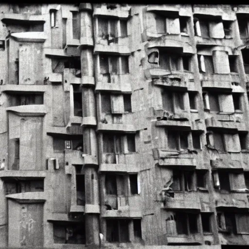 Image similar to brutalist buildings, rundown buildings, orwellian dystopia, totalitarian murals on building walls, hooligans with shaggy hair and blue suits, 1 9 7 1 cinematic, 8 mm photo lens, kodak