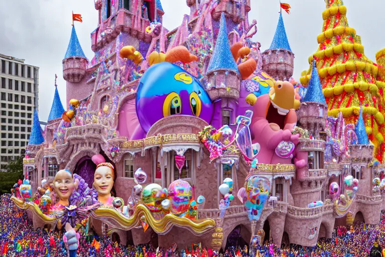 Prompt: photo of giant beautiful elaborate parade float castle designed by lisa frank and geof darrow, in the macys parade, detailed 4 k photo, gigapixel, hyperdetailed