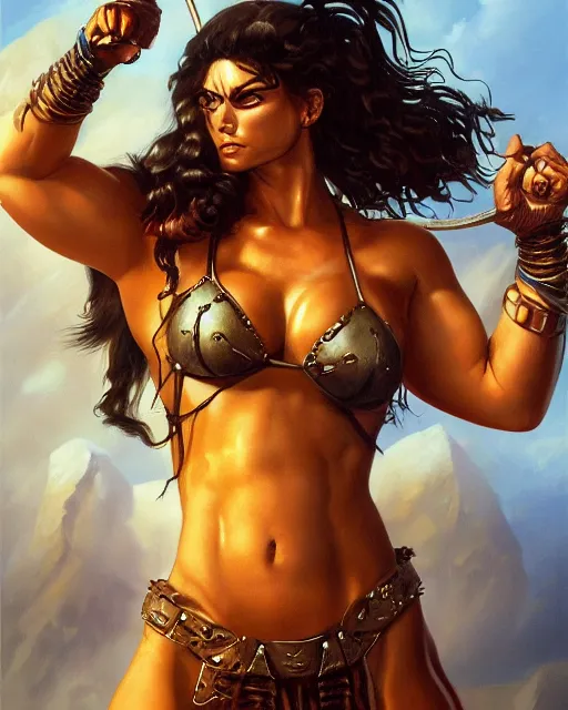 Prompt: upper body portrait of a gorgeous barbarian woman, fat, muscular, leather bikini armor. oil on canvas, octane, low - fantasy aesthetic. in the style of boris vallejo, simon bisley, coby whitmore, hannah yata.