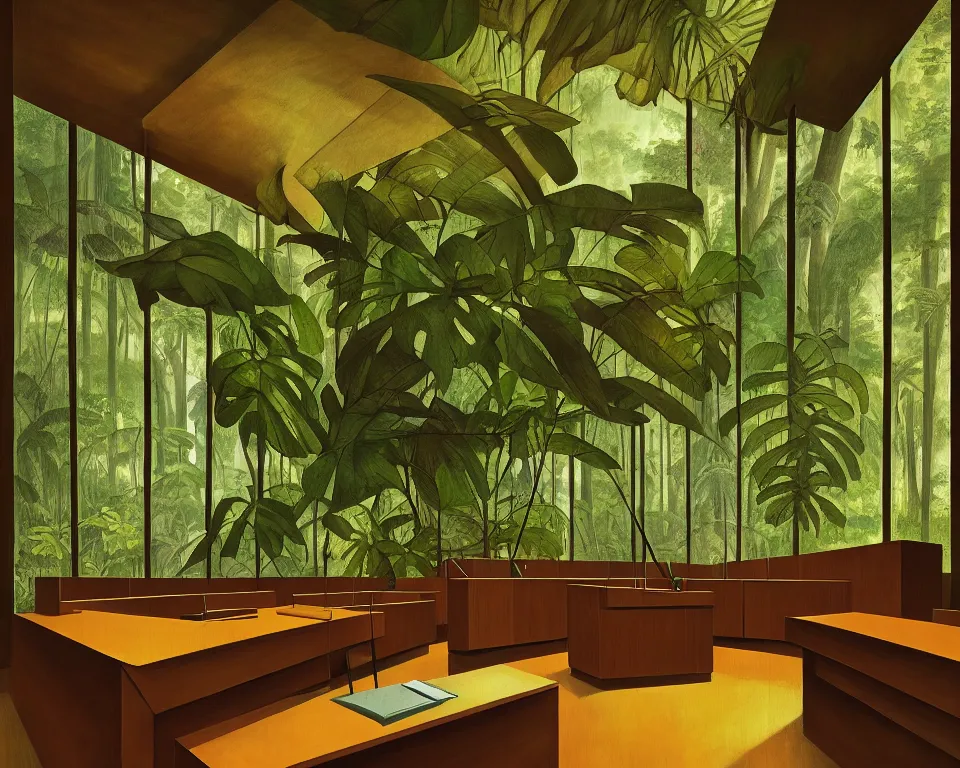 Prompt: a modernist courtroom in the rainforest by raphael and hopper. hyperdetailed, proportional, romantic, enchanting, achingly beautiful, graphic print, trending on artstation, jungle, tropical, foliage