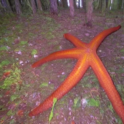 Image similar to a weird giant starfish in the forest caught on trailcam nightvision footage camera, grainy low quality