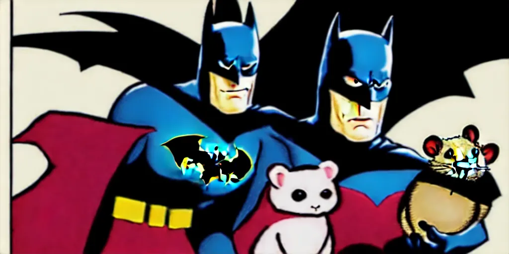 Image similar to Batman posing with a hamster, comic book style