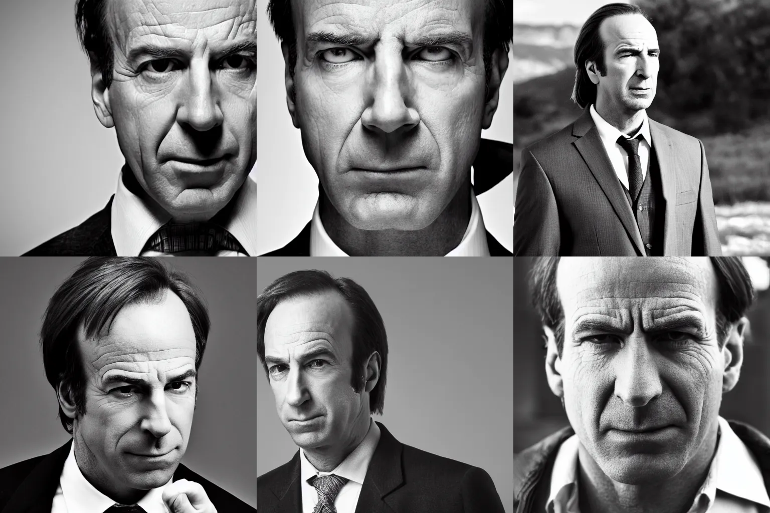 Prompt: photo of Saul Goodman from Breaking Bad as GigaChad, Black and White, Close-Up, Handsome, Serious, Award Winning Photo