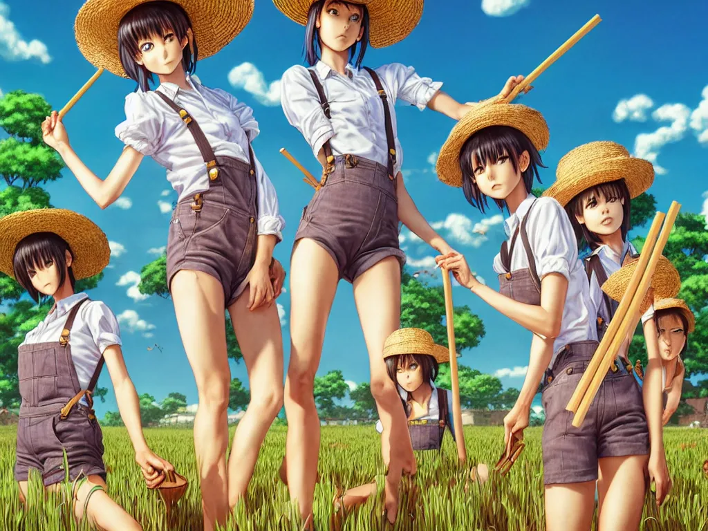 Prompt: mandragora farmer girls working on the sunny day, wearing a suspenders and straw hats, artgerm, artstation, art by hiroaki samura and jiro matsumoto and yusuke murata, box office hit, movie poster, unreal engine, octane render, sharp focus, high quality, highly detailed 8 k