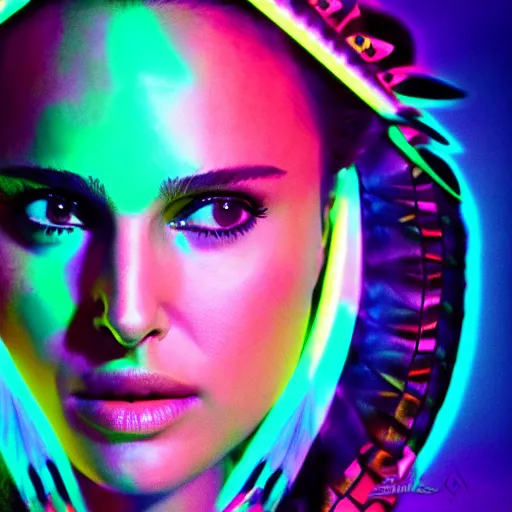 Image similar to natalie portman wearing native american headdress in a neon synthwave style, 4 k, 8 k, backlit, beautiful, magical, trending digital art portrait