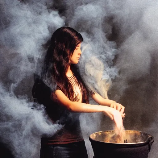 Prompt: teen witch mixing a spell in a cauldron, wispy smoke, studio lighting