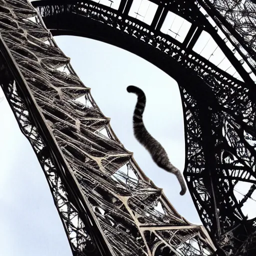 Prompt: A cat climbing the Eiffel tower, photorealistic